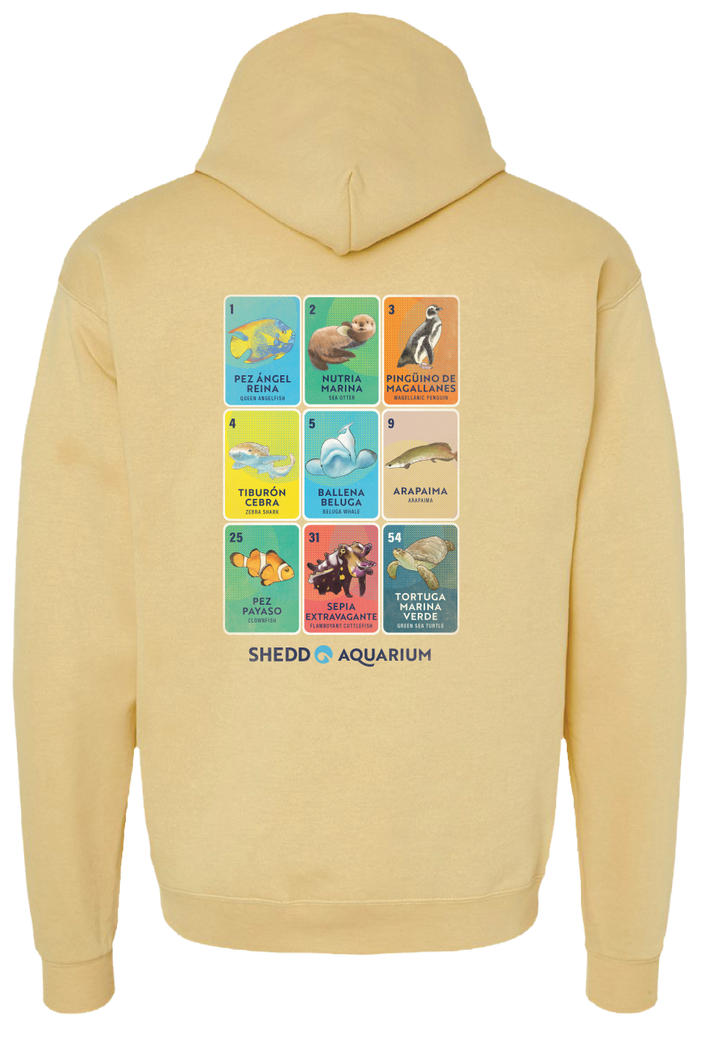 Beige hoodie with Shedd Aquarium graphic on the back