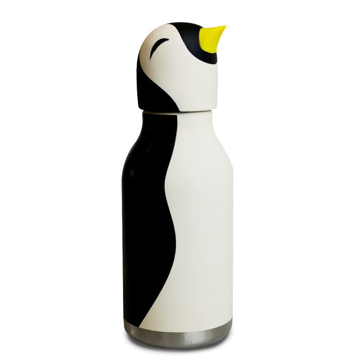 The Penguin Water Bottle is a leakproof insulated bottle with a black and white body, yellow beak-shaped cap, and silver base, designed to resemble a penguin for a fun and practical hydration solution.