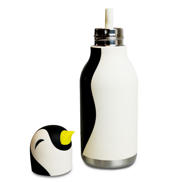 The Penguin Water Bottle features a black and white body, leakproof design, removable cap with a yellow beak and closed eyes, placed beside the bottle.