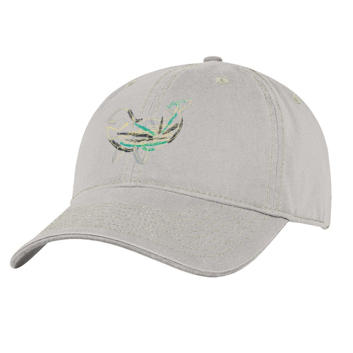 The Shedd Aquarium Beluga Whale Cap is a light gray baseball cap with an embroidered blue and green beluga whale on the front, stitched ventilation eyelets, and a curved brim, inspired by Shedd Aquarium’s marine life.