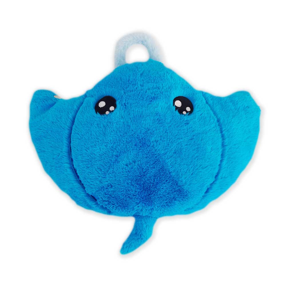 The Stingray Plush Blanket Bag Combo features a blue stingray design with cute, shiny black eyes, a small tail, and a top loop—ideal as a cozy blanket companion—shown on a white background.