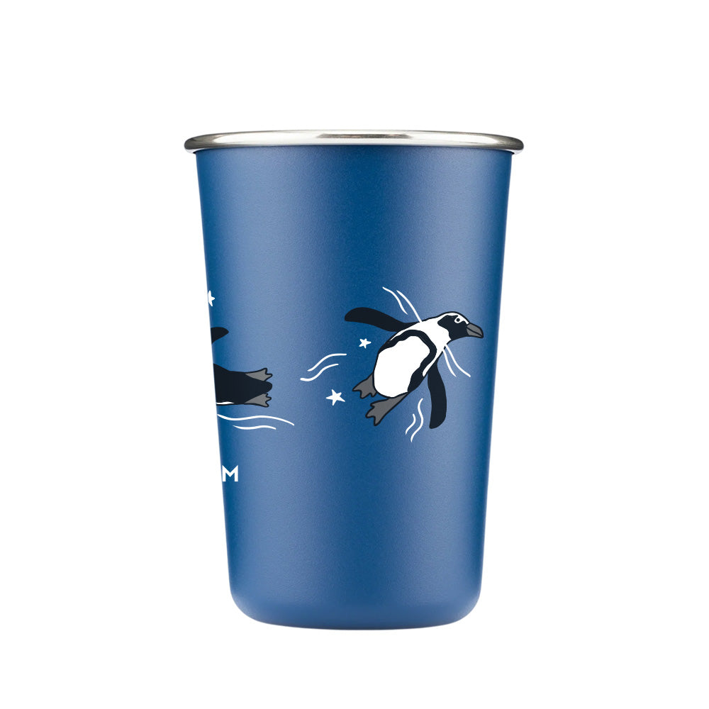 The Shedd Aquarium Red White & Ocean Blue Stars Pint Cup is a metal, eco-friendly cup featuring ocean blue color and star designs, inspired by marine life at Shedd Aquarium.