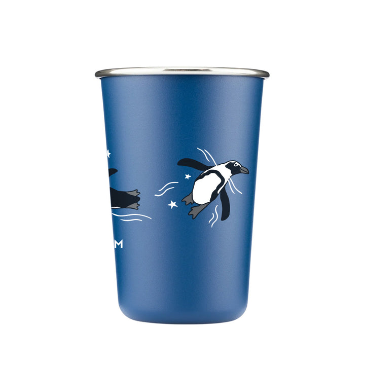 The Shedd Aquarium Red White & Ocean Blue Stars Pint Cup is a metal, eco-friendly cup featuring ocean blue color and star designs, inspired by marine life at Shedd Aquarium.