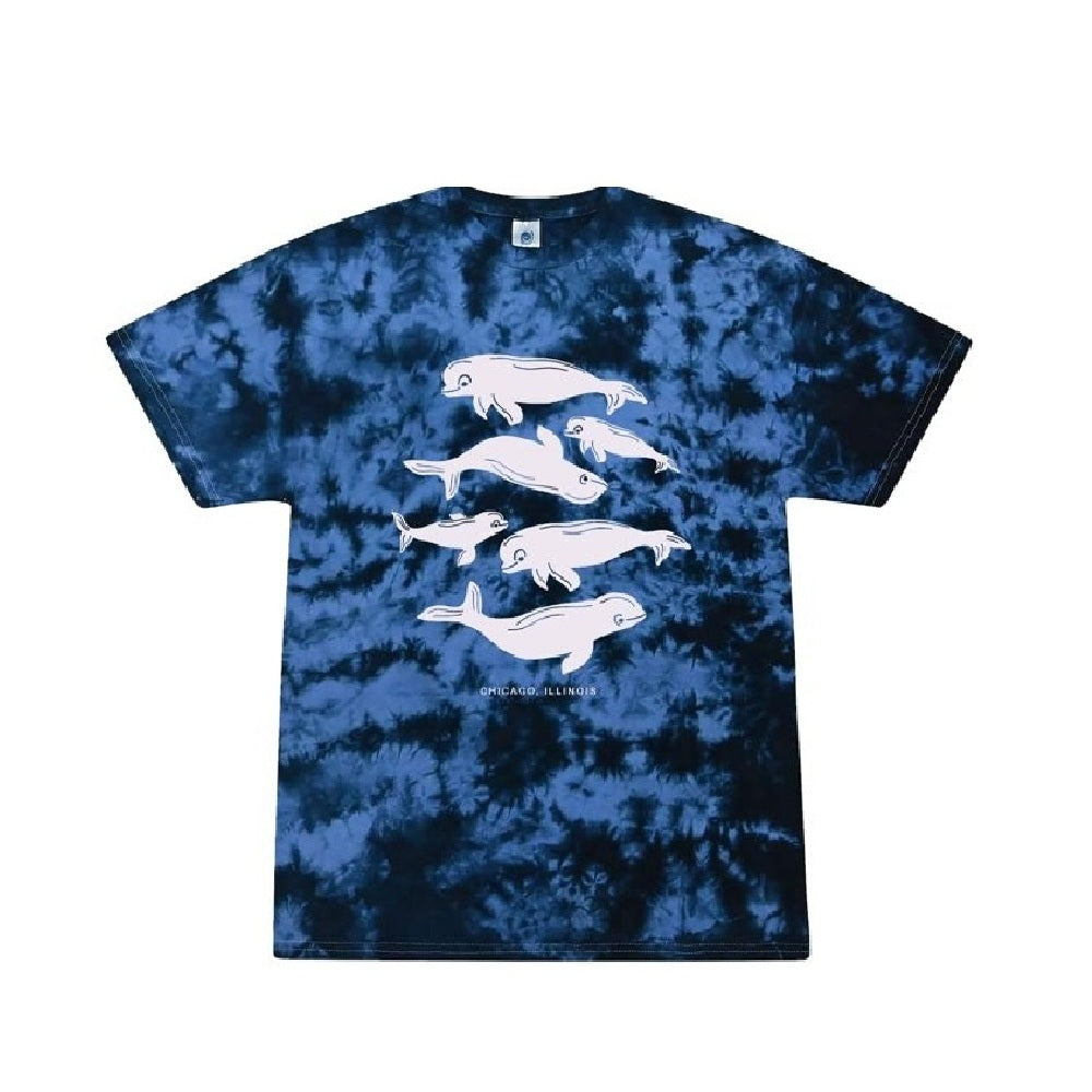 Introducing the Shedd Aquarium Beluga Youth T-Shirt: a blue and black tie-dye shirt with white beluga illustrations swimming in a group on the front, inspired by the vibrant marine life at Shedd Aquarium.