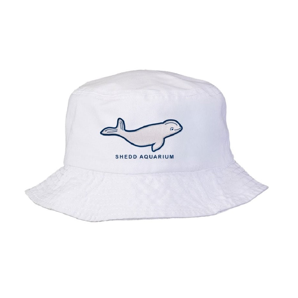 Introducing the Shedd Aquarium Beluga Bucket Hat—a white bucket hat showcasing an outlined beluga whale illustration above “Shedd Aquarium” on the front. Wear it as a stylish statement and show your support for marine conservation.