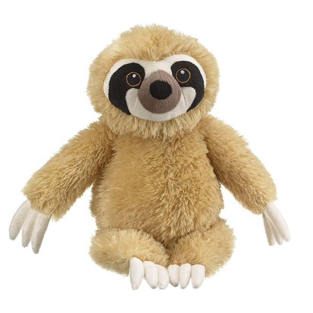 The Eco Sloth Plush is a stuffed animal featuring tan fur, a round face, dark eye patches, and white felt claws on its hands and feet; filled with soft recycled plastic fiber, this eco-friendly plush toy offers a cuddly touch that’s gentle on the planet.