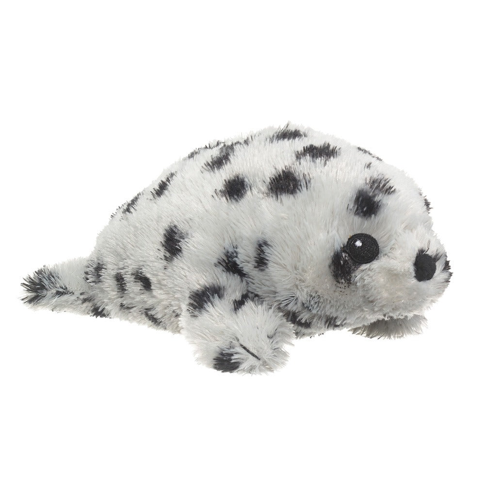 The Eco Pals Harbor Seal Pup Plush is a soft, eco-friendly stuffed animal made from recycled plastic, featuring white fur with black spots, button eyes, and a cute snout. Safe for newborns and designed to lie on its belly.