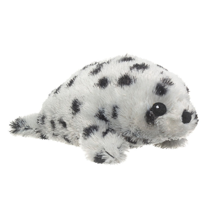 The Eco Pals Harbor Seal Pup Plush is a soft, eco-friendly stuffed animal made from recycled plastic, featuring white fur with black spots, button eyes, and a cute snout. Safe for newborns and designed to lie on its belly.