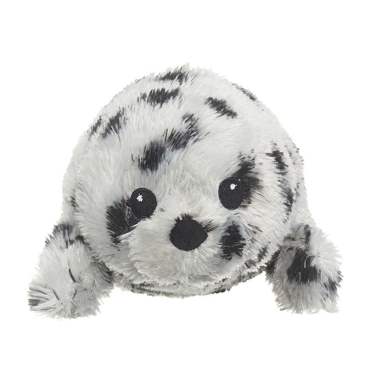 The Eco Pals Harbor Seal Pup Plush is a round, gray, black-spotted stuffed toy with flippers, made from recycled plastic. It has soft, fluffy fur and is safe for newborns.