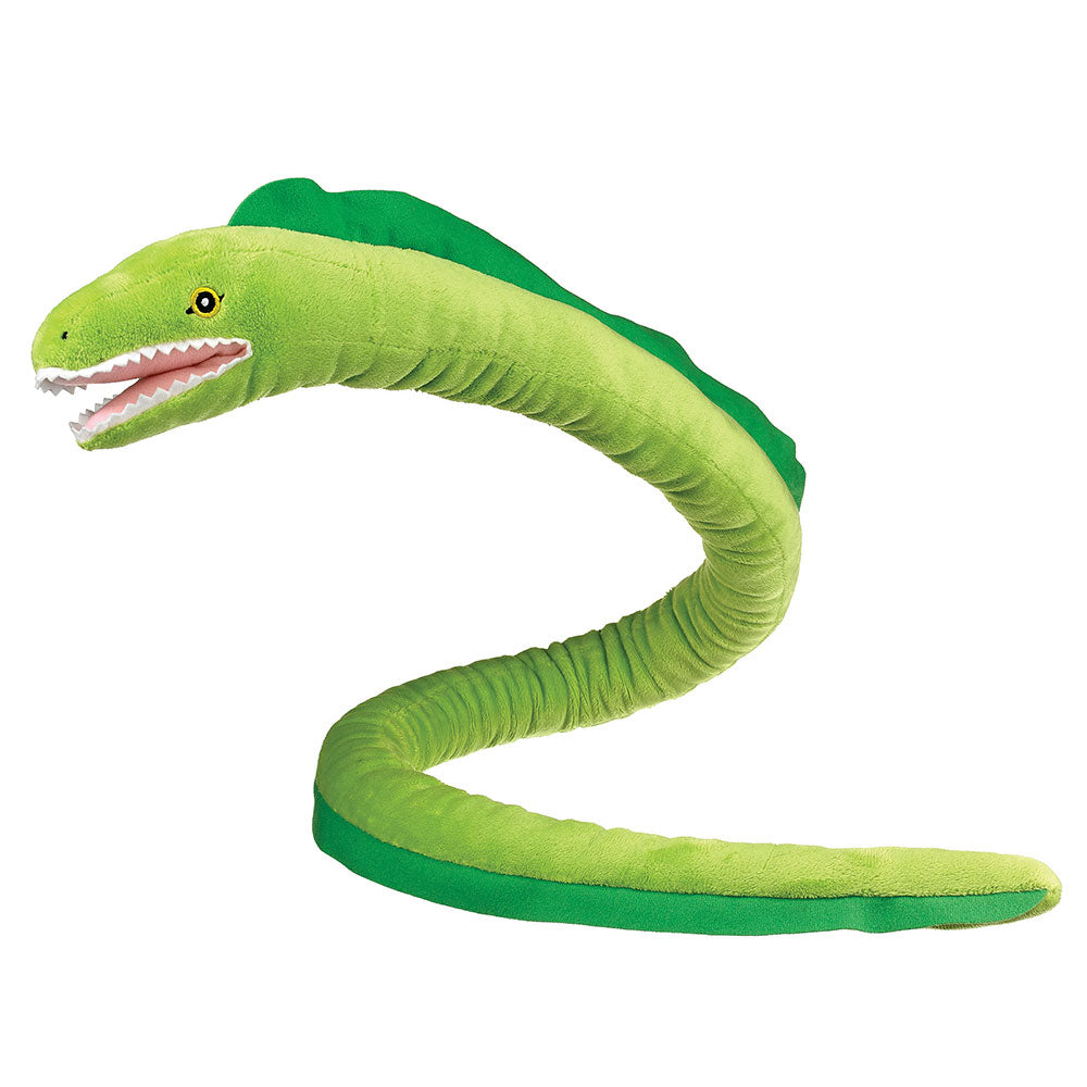 The Eco Pals Moray Eel Plush is a green sea serpent-shaped toy with a long, curved body, open mouth with white teeth, and dark green fins—crafted from sustainable materials for an eco-friendly plush supporting wildlife conservation.