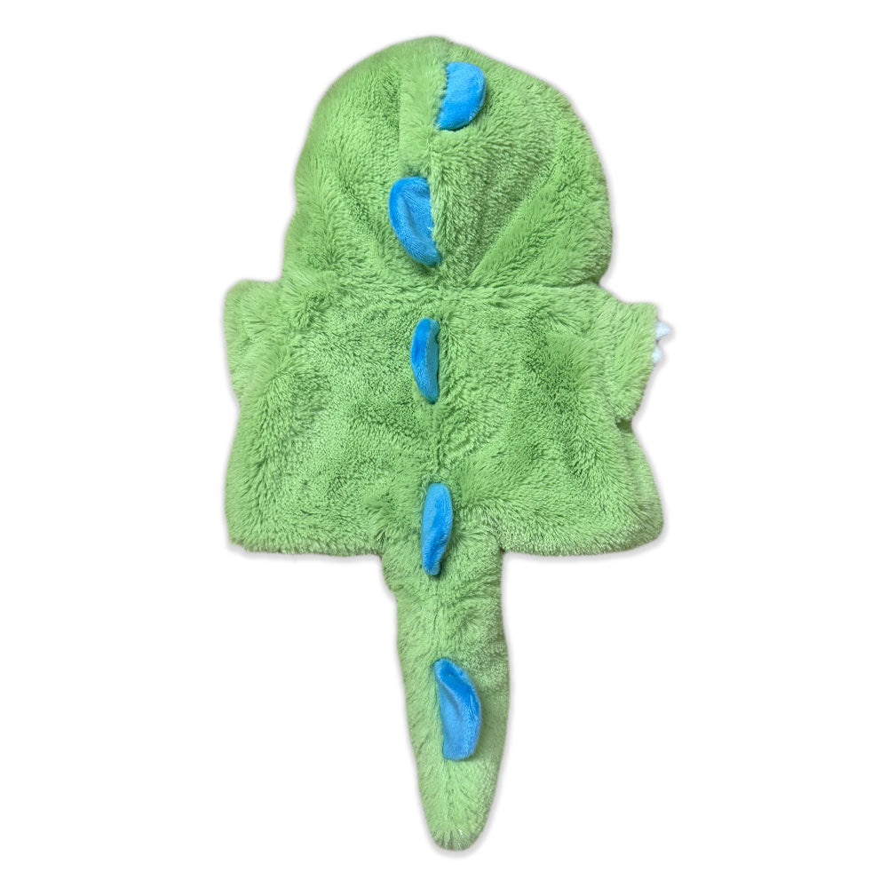 A green Plushy’s Closet Dino Outfit, featuring plush fabric, a tail, and blue spikes running down the back, is displayed flat on a white background.