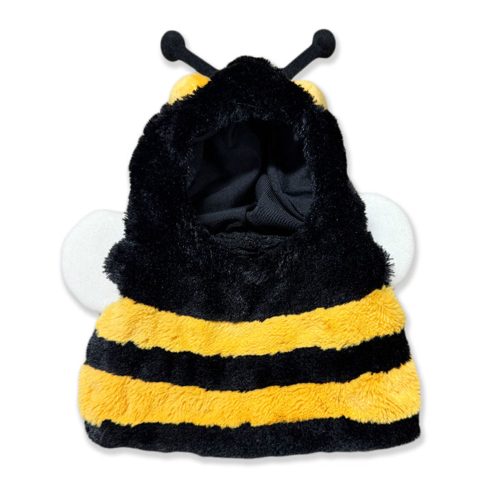 The Plushy’s Closet Bee Outfit is a fuzzy hooded garment designed to look like a bee, featuring black and yellow stripes, white wings, and two black antennae on top.