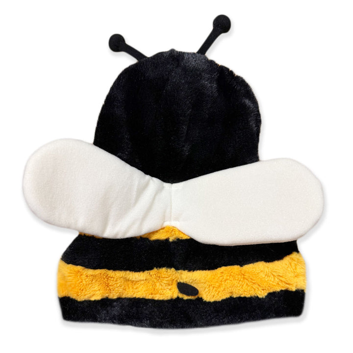 Introducing the Plushy’s Closet Bee Outfit: a soft plush hat featuring classic black and yellow stripes, adorable white wings, and two cheerful black antennae on top—ideal for finishing your plush animal costume or giving any bee look a fun and playful flair.