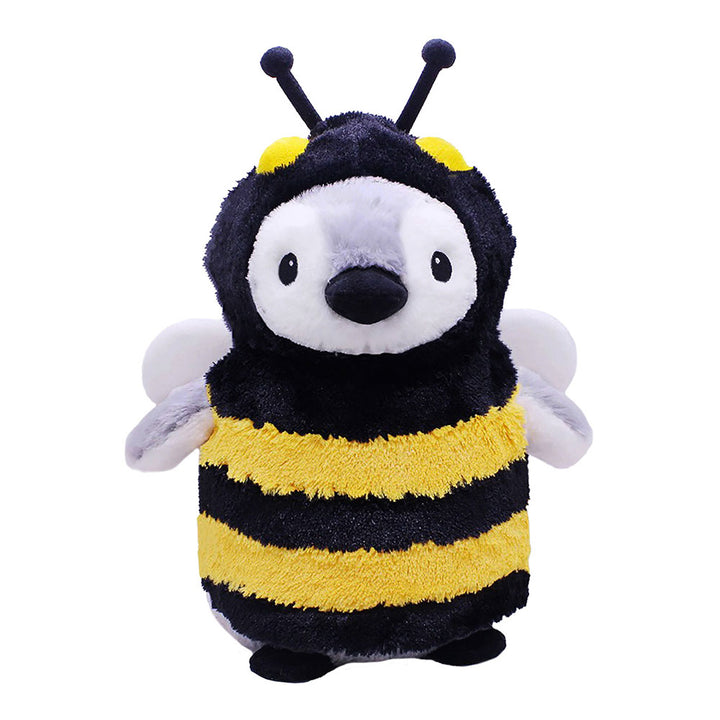 A plush penguin toy dressed in Plushy’s Closet Bee Outfit, featuring a fluffy black and yellow design with adorable small wings and antennae.