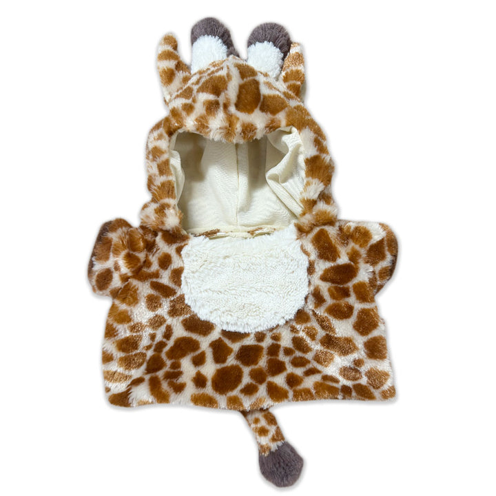 Plushy’s Closet Giraffe Outfit is a plush hooded poncho designed to resemble a giraffe, featuring brown and white giraffe-like spots, small ears, two ossicones, and a plush tail on a white background.