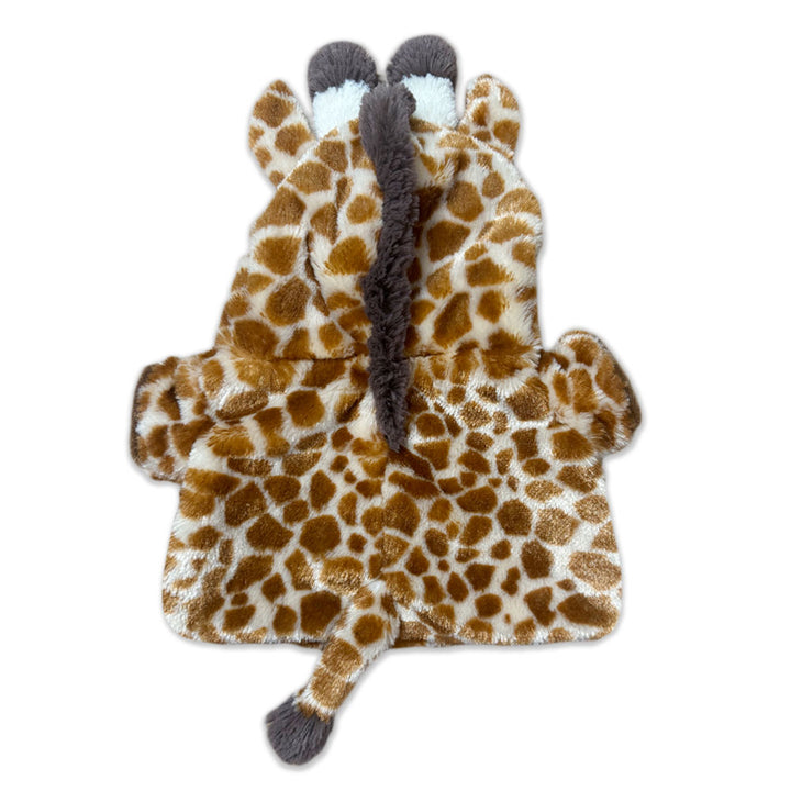 The Plushy’s Closet Giraffe Outfit is a plush, hooded cloak designed to resemble a giraffe, featuring brown and white spots, small ears, a mane running down the back, and an attached tail at the bottom.