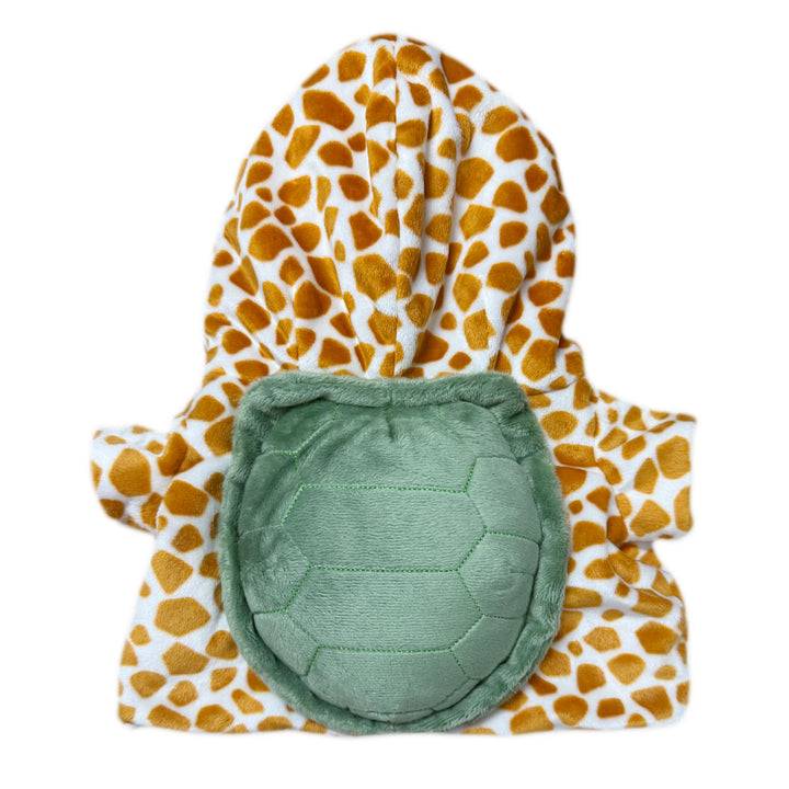 Plushy’s Closet Sea Turtle Costume features a hooded design with a playful giraffe print and a soft green turtle shell on the back, crafted from eco-friendly plush and shown laid flat on a white background.