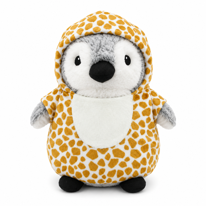 A plush penguin toy with a gray face and flippers, made from sustainable materials, wears the Plushy’s Closet Sea Turtle Costume as it sits against a plain white background.
