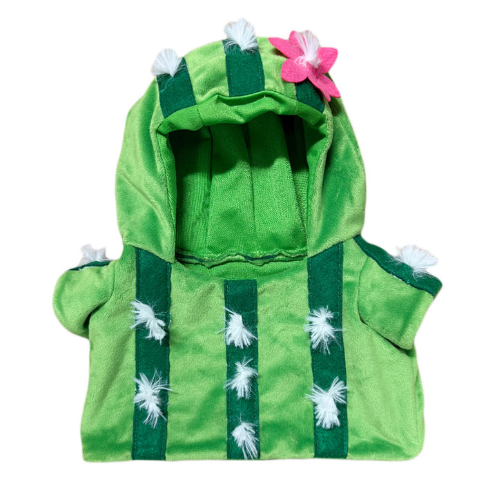 A green pet hoodie styled like a cactus, featuring dark green stripes, white faux spines, and a pink felt flower on the hood, displayed on a white background—this Plushy’s Closet Cactus Outfit is the perfect plush animal costume for your little desert dweller.