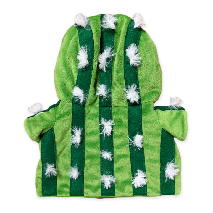 A whimsical hooded garment from Plushy’s Closet, the Cactus Outfit features green and dark green stripes with white fluffy tufts that mimic a cactus, shown against a white background.