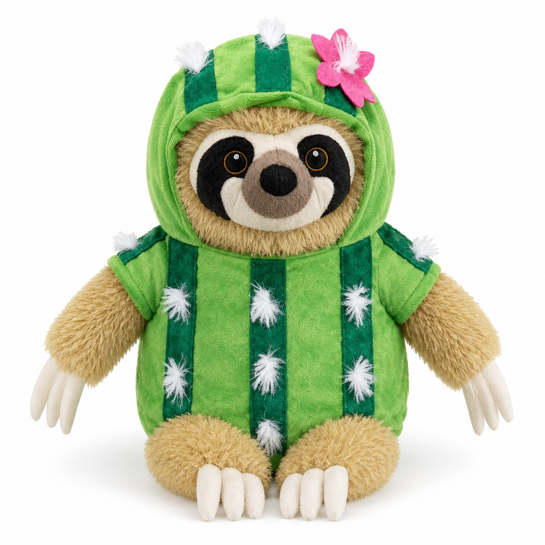A plush sloth toy dons the Plushy’s Closet Cactus Outfit—an adorable green costume accented with white tufts and topped with a pink flower—while sitting facing forward against a plain white background. This charming desert-themed ensemble adds a playful twist to the classic plush animal wardrobe, making it an irresistible addition to any collection.