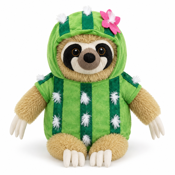 A plush sloth toy dons the Plushy’s Closet Cactus Outfit—an adorable green costume accented with white tufts and topped with a pink flower—while sitting facing forward against a plain white background. This charming desert-themed ensemble adds a playful twist to the classic plush animal wardrobe, making it an irresistible addition to any collection.