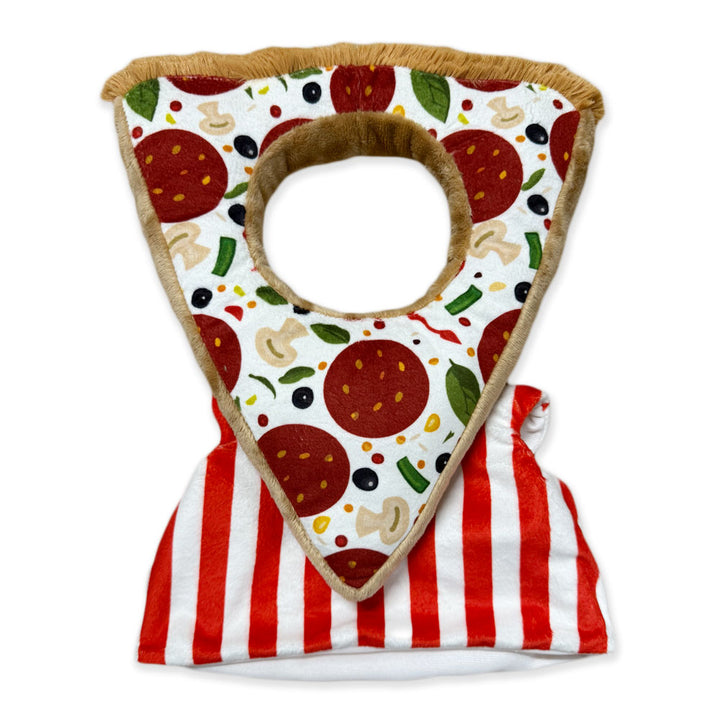 Plushy’s Closet Pizza Costume is a playful pet outfit that includes a pizza slice-shaped collar adorned with realistic toppings and set on a red-and-white striped base, creatively resembling both a pizza and its box—perfect for imaginative play.