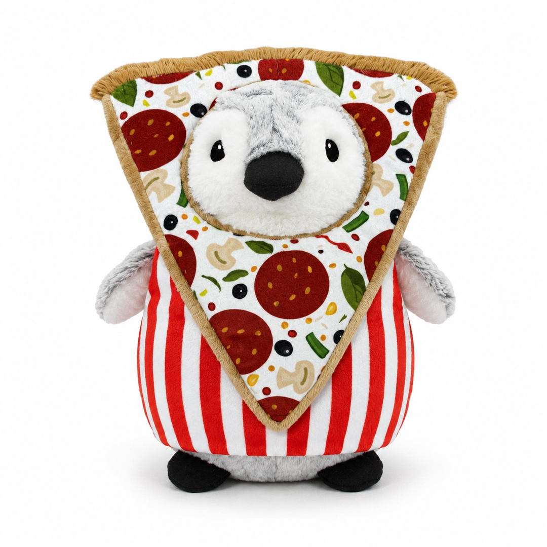 Meet the Plushy’s Closet Pizza Costume—a plush penguin toy featuring a red-and-white striped body and dressed in a detailed pizza costume with pepperoni, mushrooms, olives, and a crust. Eco-friendly and perfect for imaginative play, this stuffed animal adds whimsical charm to any collection.