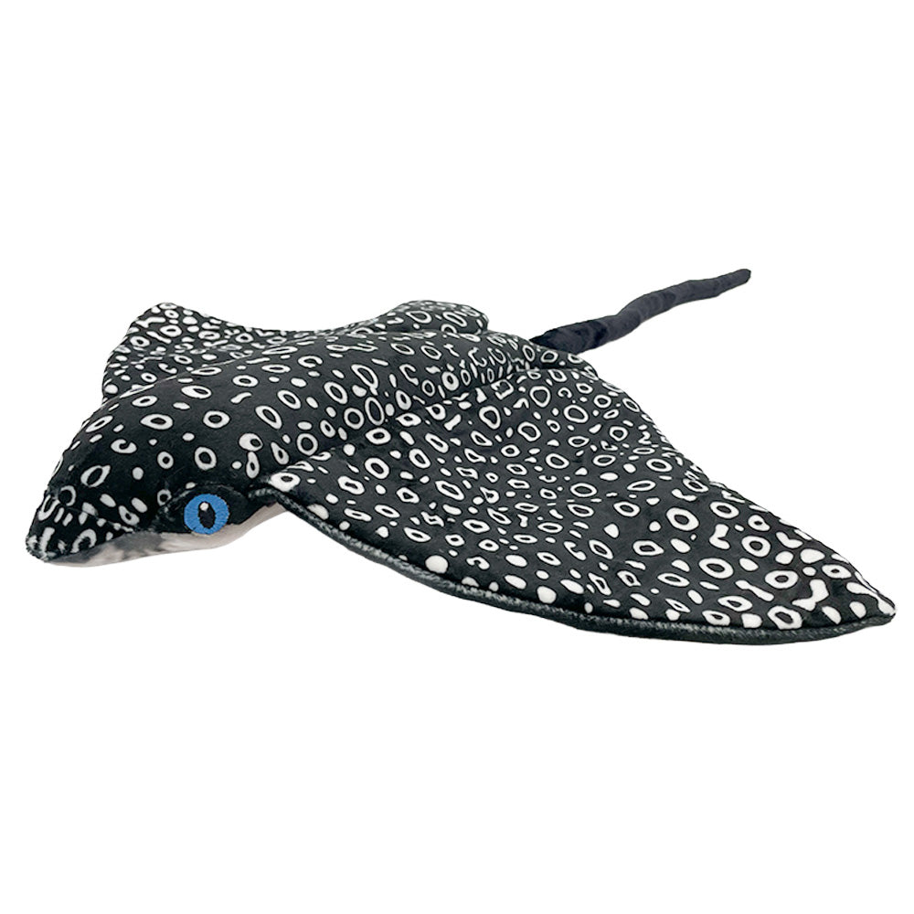 The Spotted Eagle Ray Plush is an ocean stuffed animal with a black body, white spots, long tail, and blue eye—a perfect marine life plush toy for sea lovers.