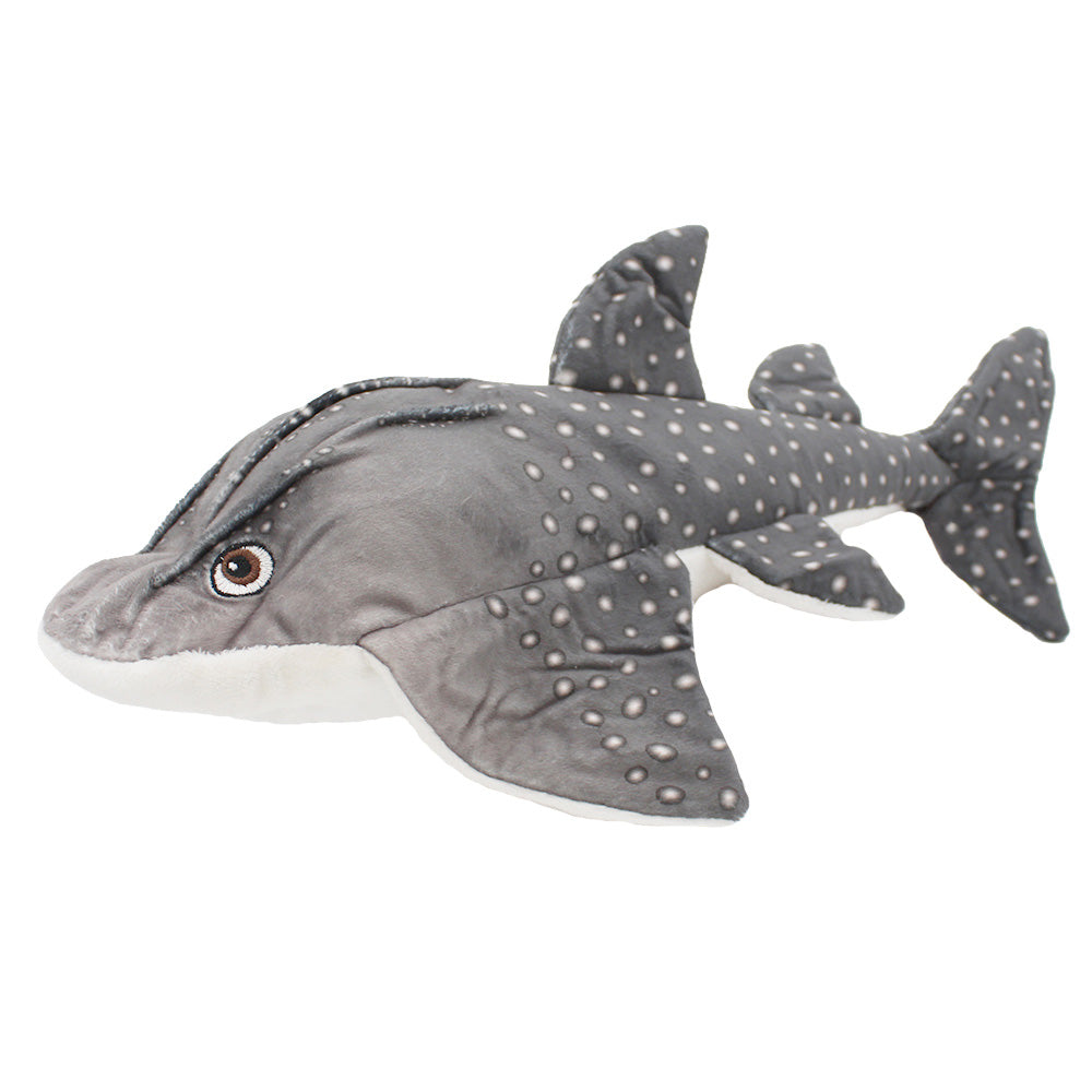 A gray and white Bowmouth Guitarfish Plush with white spots and big eyes rests on a white background—an ideal gift for marine life fans or plush toy collectors.