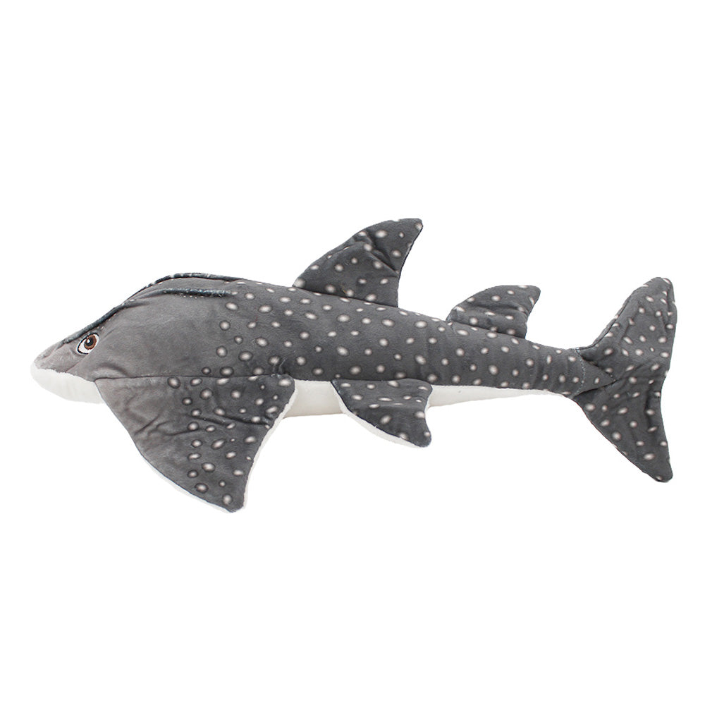 The Bowmouth Guitarfish Plush is ideal for marine enthusiasts and plush collectors, featuring grey fabric with white spots, a white underside, and detailed fins and tail.