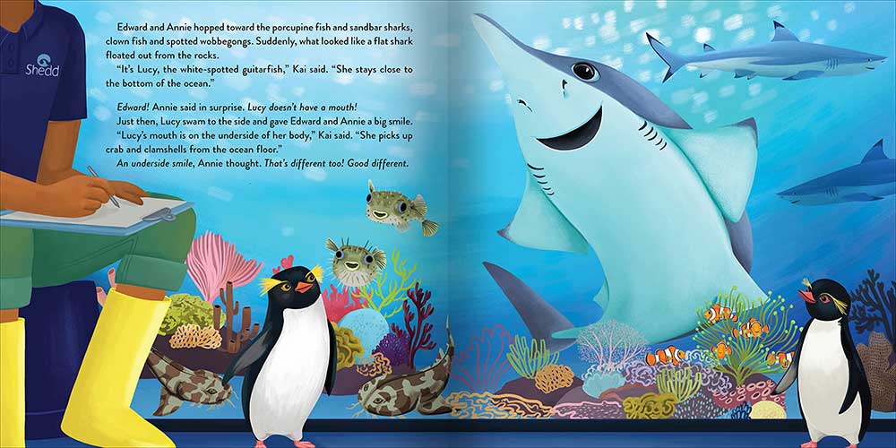 Inspired by the Shedd Aquarium, "Edward and Annie: A Penguin Adventure Book" features playful penguins, fish, a large shark, vibrant coral, and a person in yellow boots; marine animals swim across this colorful children’s story.