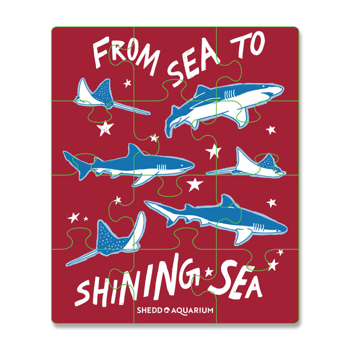 The Shedd Aquarium Red White & Ocean Blue Puzzle Magnet showcases sharks, rays, "FROM SEA TO SHINING SEA" text, and the Shedd Aquarium logo—making it a patriotic keepsake for any collection.