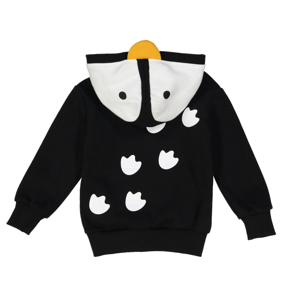 The Penguin 3D Toddler Hooded Sweatshirt is a 100% cotton hoodie with white cartoon penguin footprints on the back and a hood styled like a penguin’s face, complete with black eyes and a yellow beak.