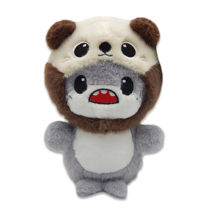 The Shark with Sea Otter Cap Cutie Plush is a cute gray plush toy with big eyes and an open red mouth, wearing a soft sea otter cap. This cheerful stuffed animal has short arms and legs, shown on a plain white background.
