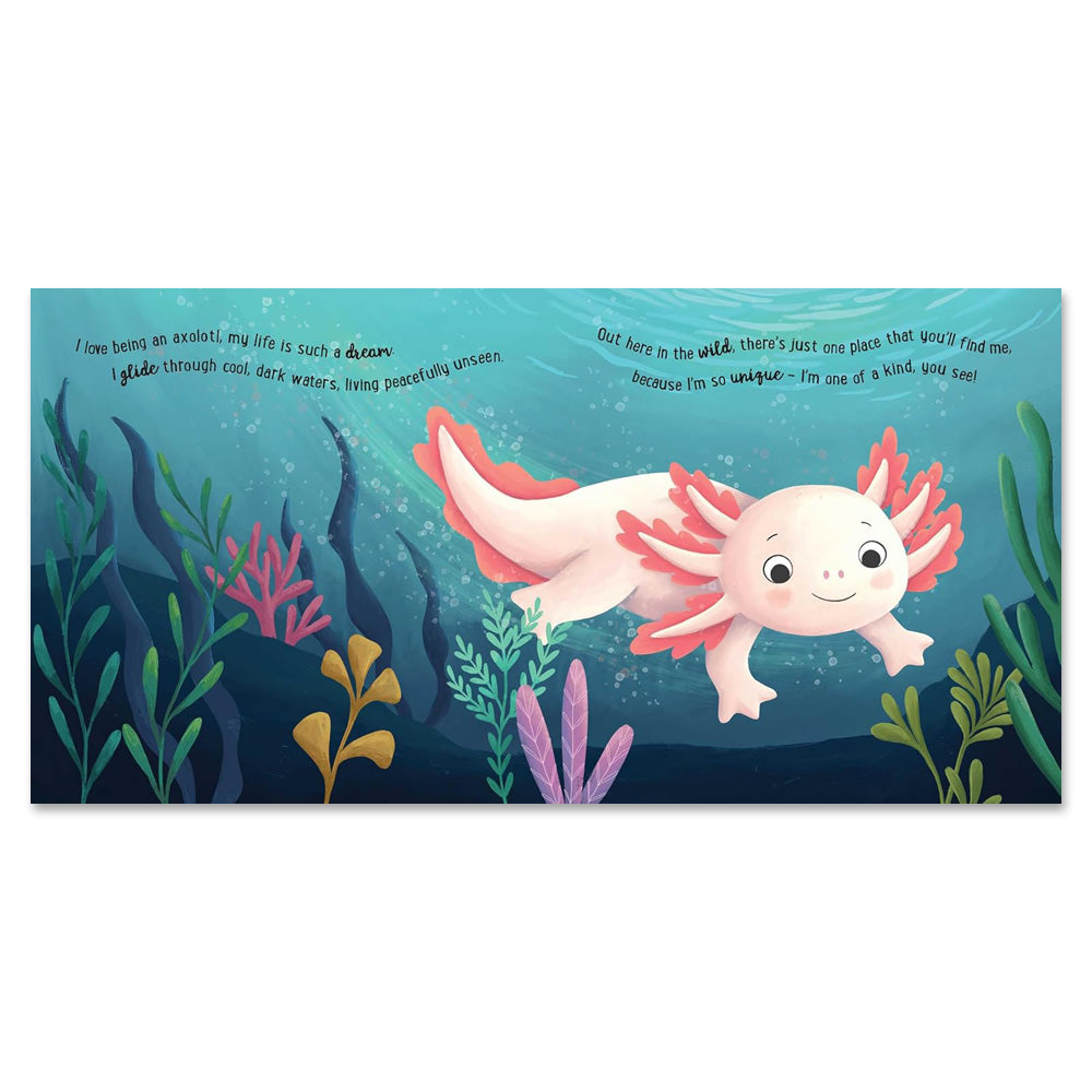 I Love Being an Axolotl: Padded Board Book is a bright, whimsical storybook featuring a cute pink axolotl with feathery gills swimming among colorful plants, perfect for young readers with its playful, rhyming text.