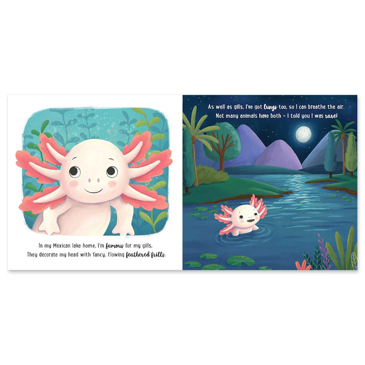 A delightful scene from "I Love Being an Axolotl: Padded Board Book": a smiling pink axolotl with feathery gills on the left, and on the right, it swims in a lake beneath starry skies and mountains—ideal for little readers.