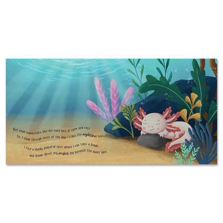 An illustrated underwater scene from "I Love Being an Axolotl: Padded Board Book: Picture Storybook" shows an axolotl resting on a rock among colorful plants and sunlight, perfect for teaching children about calm and peaceful moments.