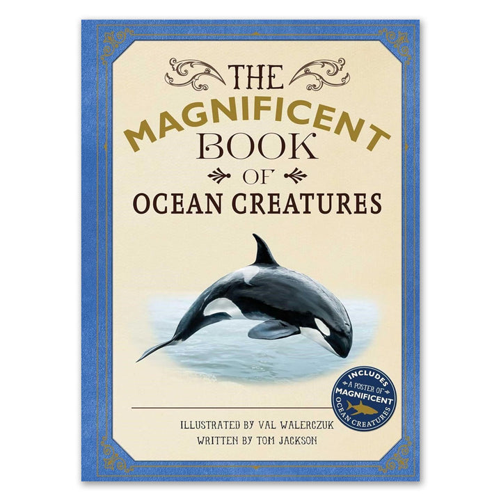 The Magnificent Book of Ocean Creatures, a children's book, features an orca swimming on the cover with a decorative blue border and credits Val Walerczuk as illustrator and Tom Jackson as writer.