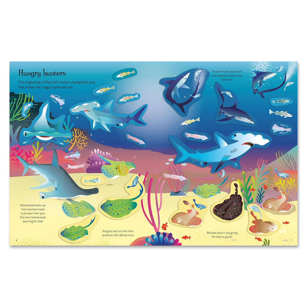 Dive into ocean fun with First Sticker Book Sharks and Rays: explore illustrated scenes of sharks chasing fish and rays gliding by corals—perfect for young marine fans and budding sticker collectors!.