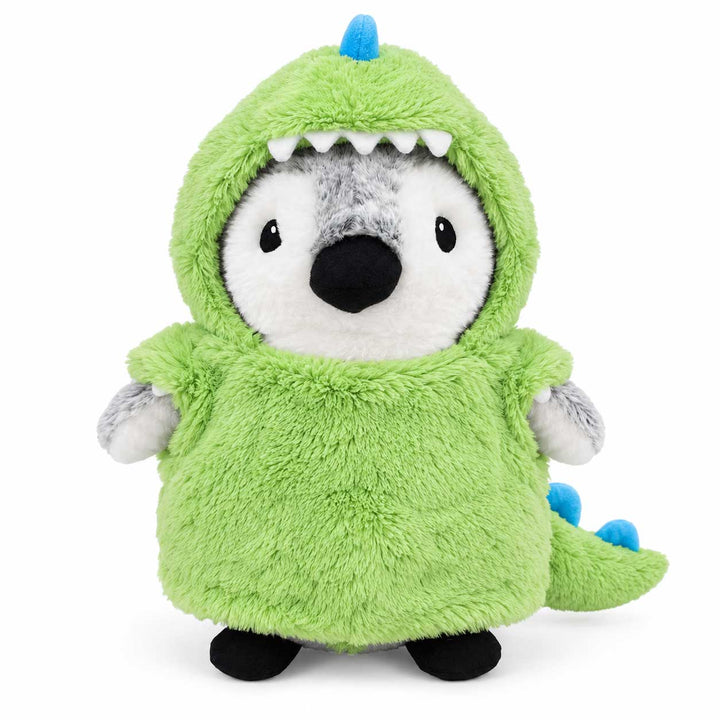 A plush penguin wearing a Plushy’s Closet Dino Outfit, featuring a fuzzy green dinosaur hood with white teeth and blue spikes.