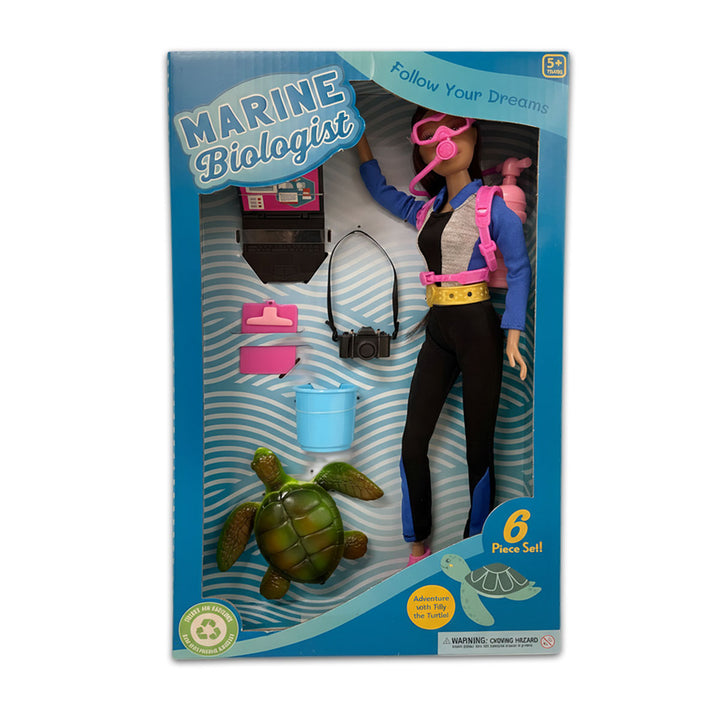 Marine Biologist toy set packaging with a turtle figure and accessories on a blue and white striped background.
