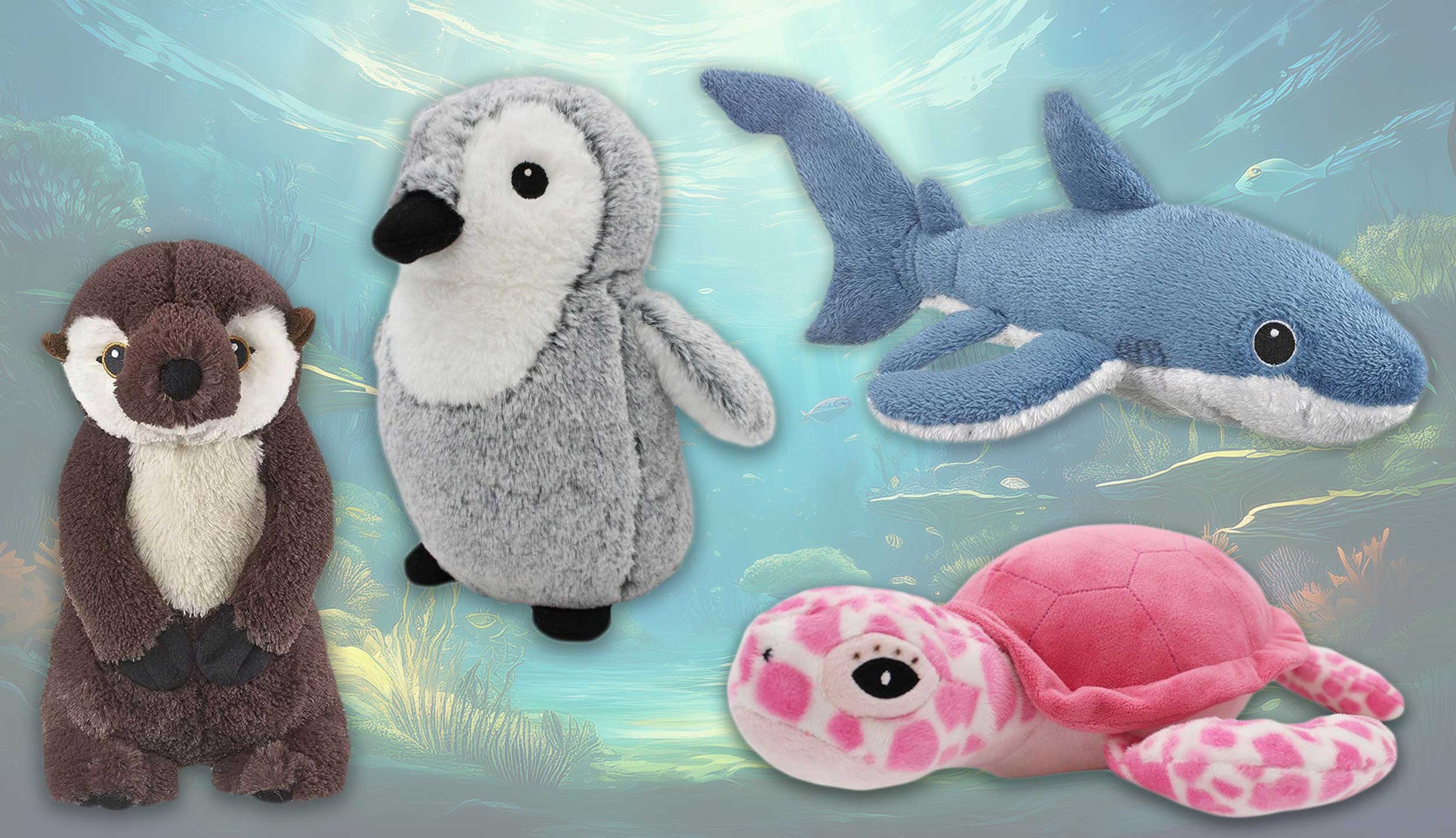Four plush toys of an otter, penguin, shark, and turtle on a gradient background