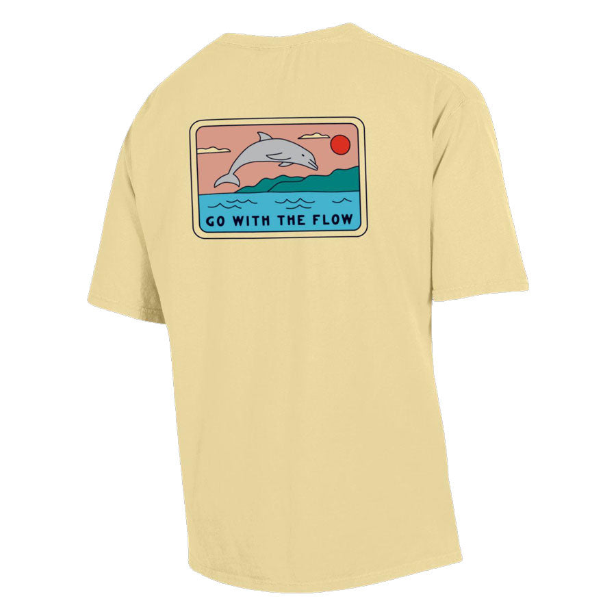 The Adult Outdoorsy Dolphin T-Shirt is a light yellow cotton crew neck with a graphic on the back of Pacific White Sided Dolphins leaping over waves under a red sun, plus "GO WITH THE FLOW" text below.