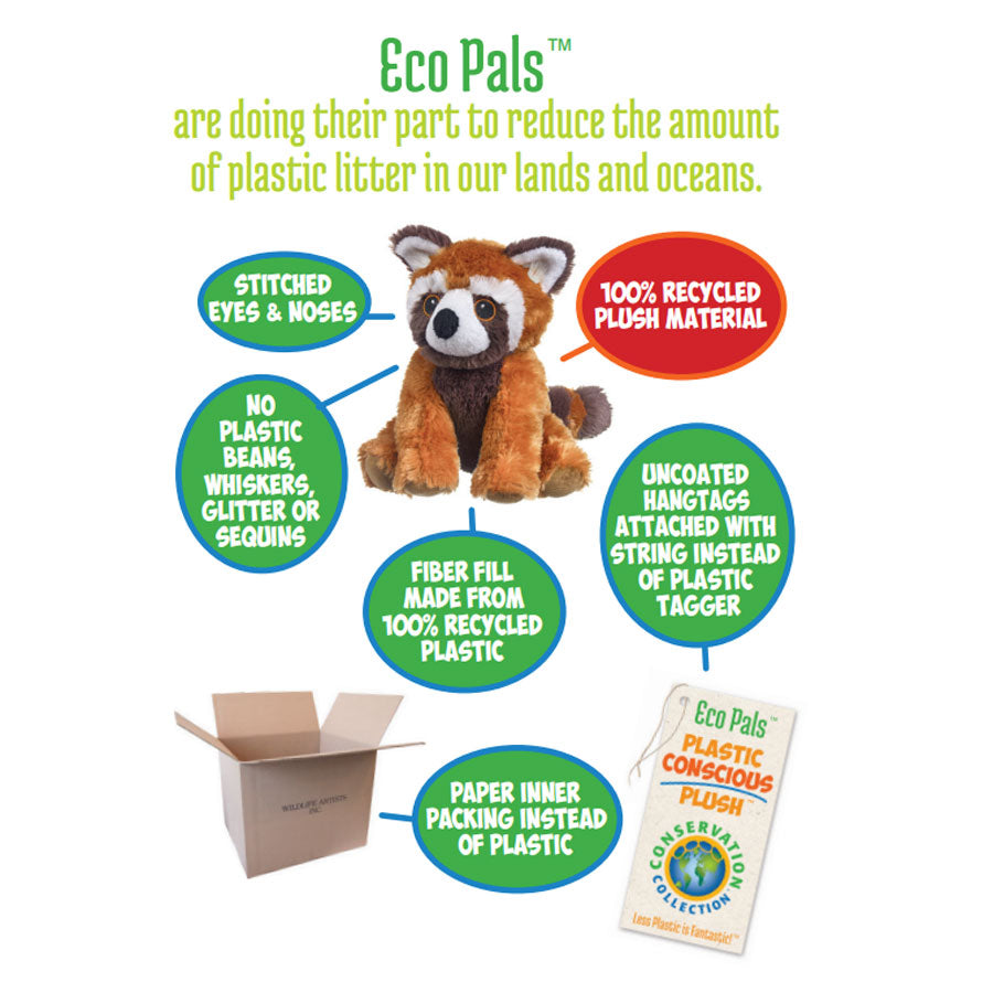 A diagram showing an Eco Pals Black-Footed Penguin Plush surrounded by eco-friendly features: stitched eyes/nose, 100% recycled plush, uncoated hangtags with string, recycled plastic fiber fill, no plastic beads, and paper packing.