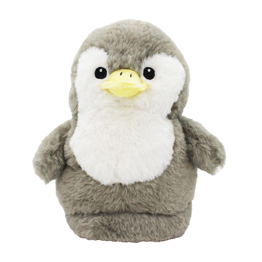Penguin Plush Slippers, featuring soft grey and white fabric with black eyes and a yellow beak, offer cozy comfort reminiscent of plush slippers.