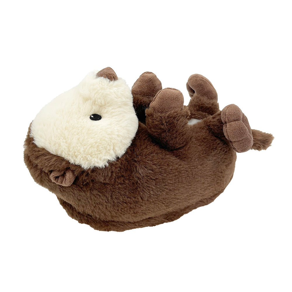 Sea Otter Plush Slippers feature a brown and white otter design lying on its back with feet and paws up, looking irresistibly soft and fluffy.