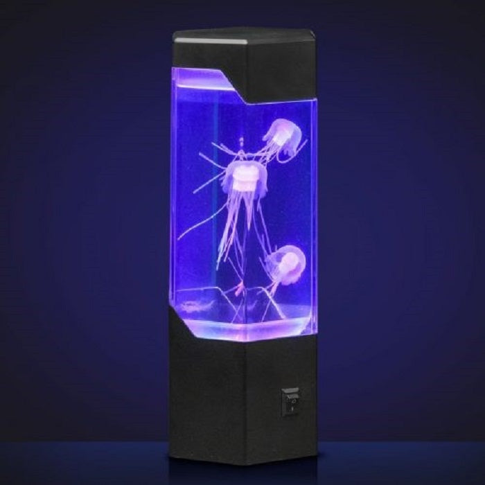 The Jellyfish Lamp features artificial jellyfish floating in a rectangular tank, illuminated by purple and blue LED lights for a mesmerizing glow against a dark background.