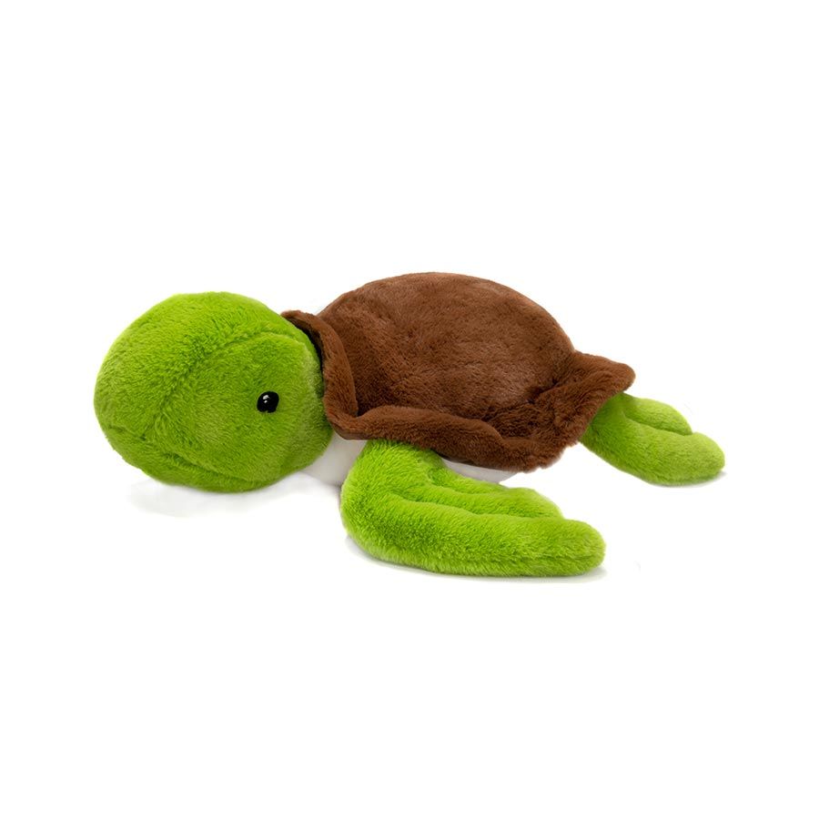 The Jumbo Sustainable Sea Turtle is a soft, green plush toy with a brown shell, made from eco-friendly and recycled materials, shown lying on its belly against a white background.
