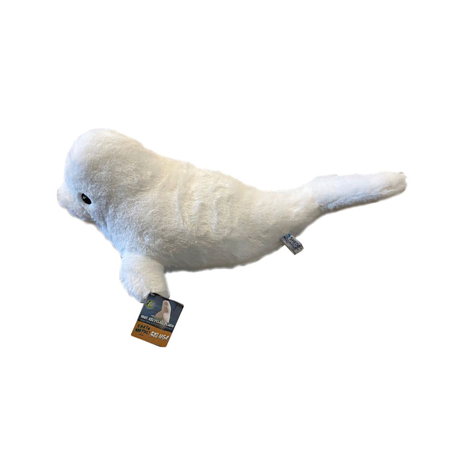 The Jumbo Sustainable Beluga Plush is a white beluga whale toy with black eyes and a tag on its flipper, made from recycled materials and shown on a plain white background.